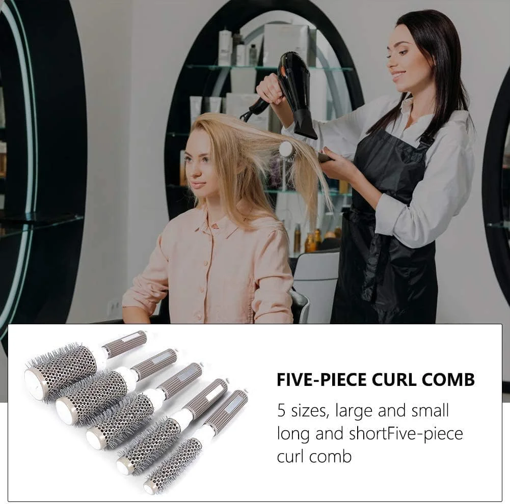 شانه غلطکی سرامیکی، برس حالت دهنده مو برای خشک کردن و فر کردن مو، ابزار حالت دهی حرفه ای سالن با دسته لاستیکی طبیعی برای خشک کردن، فر کردن و حالت دادن مو، 5 عدد شانه غلطکی سرامیکی، برس حالت دهنده مو برای خشک کردن و فر کردن مو، ابزار حالت دهی حرفه ای سالن با دسته لاستیکی طبیعی برای خشک کردن، فر کردن و حالت دادن مو، 5 عدد