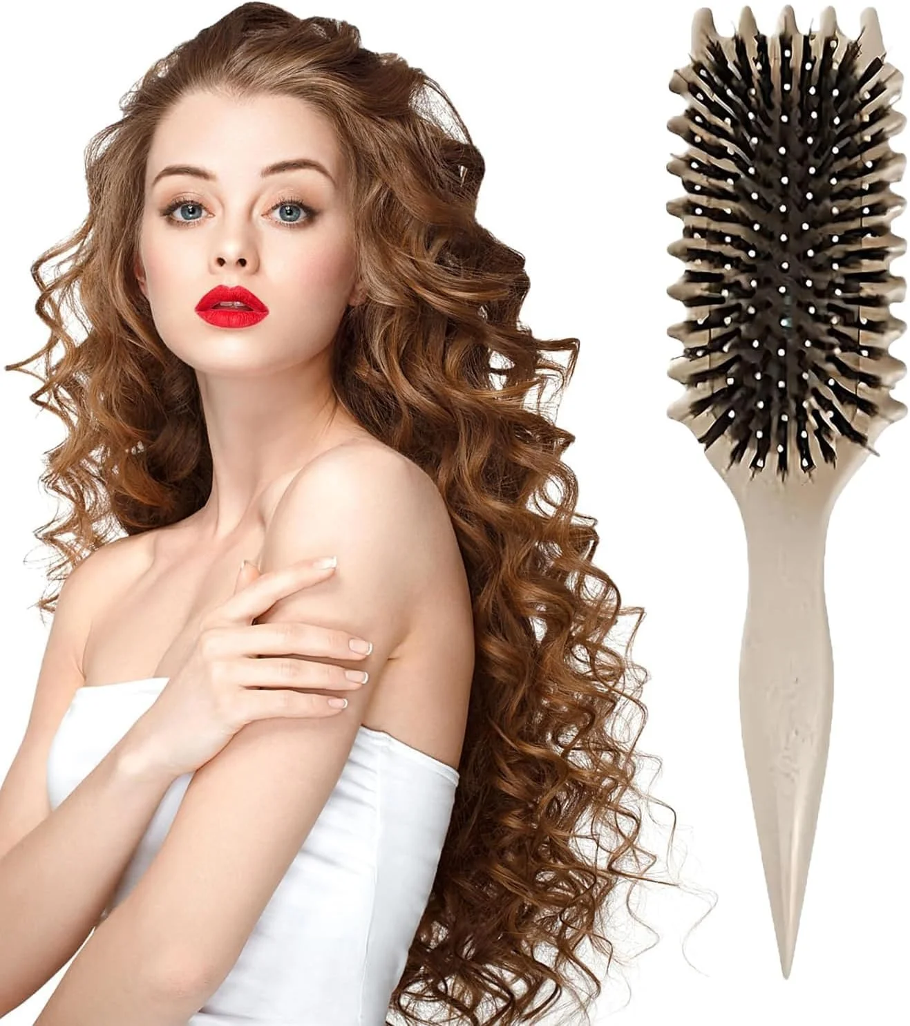 برس موی فر BIGTHREE®، برس فر کننده و حالت دهنده، با دندانه، کاهش کشیدگی مو و جداسازی فر، باز کردن گره، شکل دهی و تعریف فر، ابزار حالت دهی مو برای زنان و مردان (خاکی)