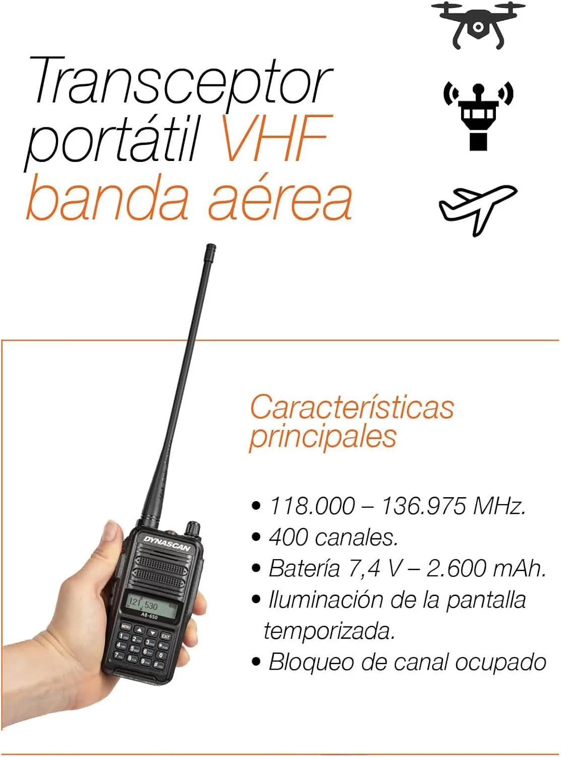 رادیو قابل حمل DynaScan VHF AB-650 6W SQ 118-136.975MHz AM 2600mAh Li-ion FM