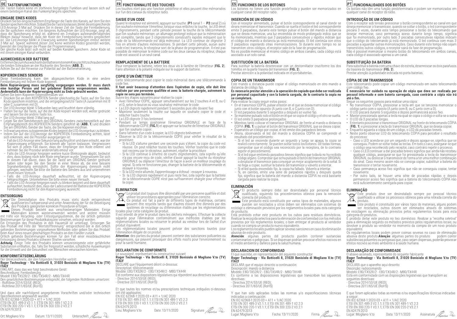 Roger Enterprises E80/TX52R/2 Fixed code radio control 433.92 MHz 2 channels with copy function