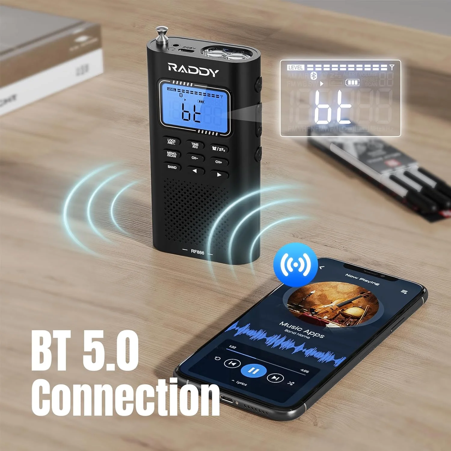 رادیو دیجیتال قابل حمل Raddy - AM/FM/SW/VHF/WB با اتصال BT، هشدار NOAA، رادیو جیبی قابل شارژ با آنتن سیمی 9.85 فوتی