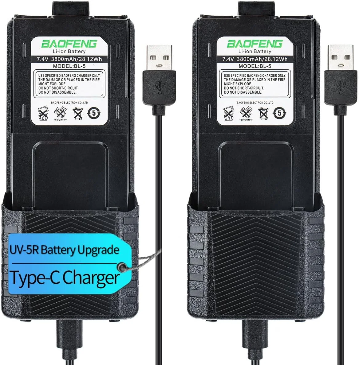 باتری BAOFENG UV-5R با ظرفیت 3800mAh و شارژ USB-C، باتری توسعه یافته برای رادیوهای سری UV5R BF-8HP UV-5R، باتری با ظرفیت بالا به همراه کابل شارژ Type-C (2 عدد)