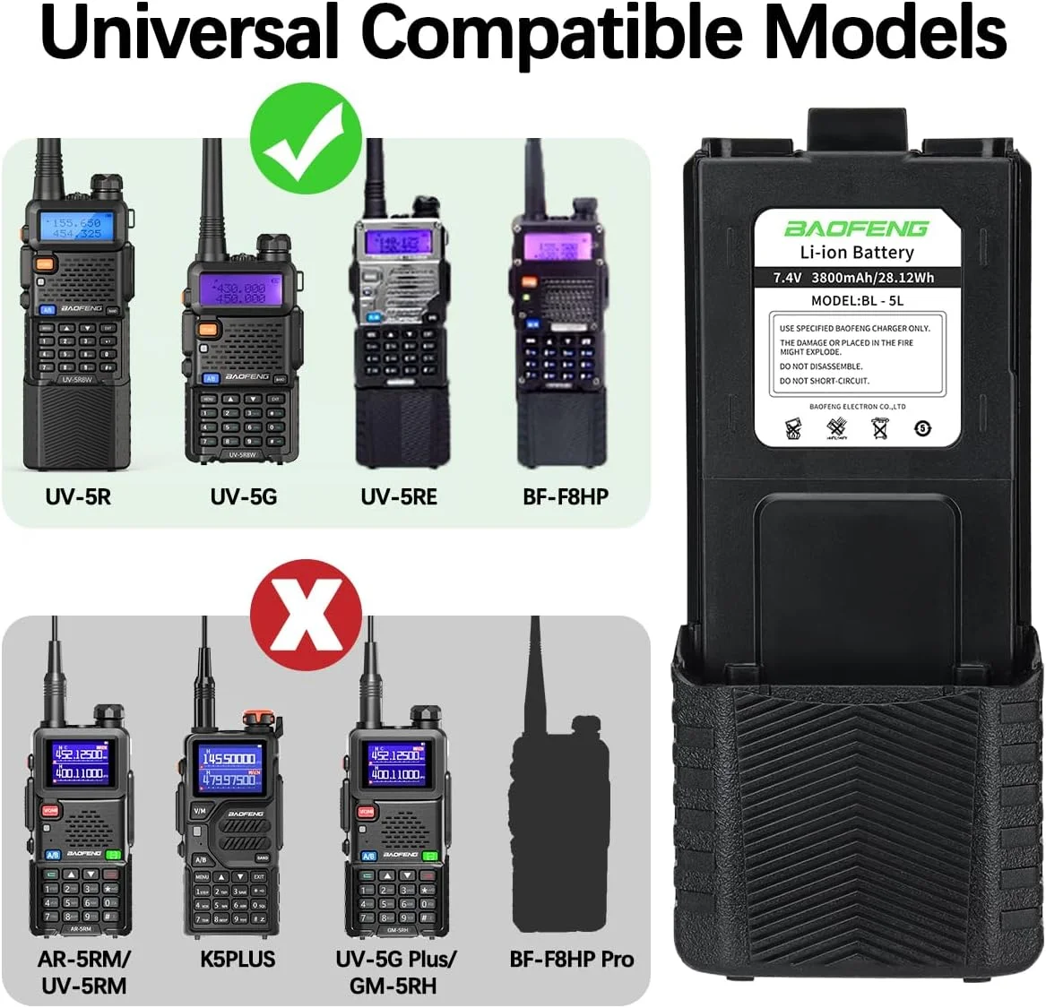 باتری BAOFENG UV-5R با ظرفیت 3800mAh و شارژ USB-C، باتری توسعه یافته برای رادیوهای سری UV5R BF-8HP UV-5R، باتری با ظرفیت بالا به همراه کابل شارژ Type-C (2 عدد)