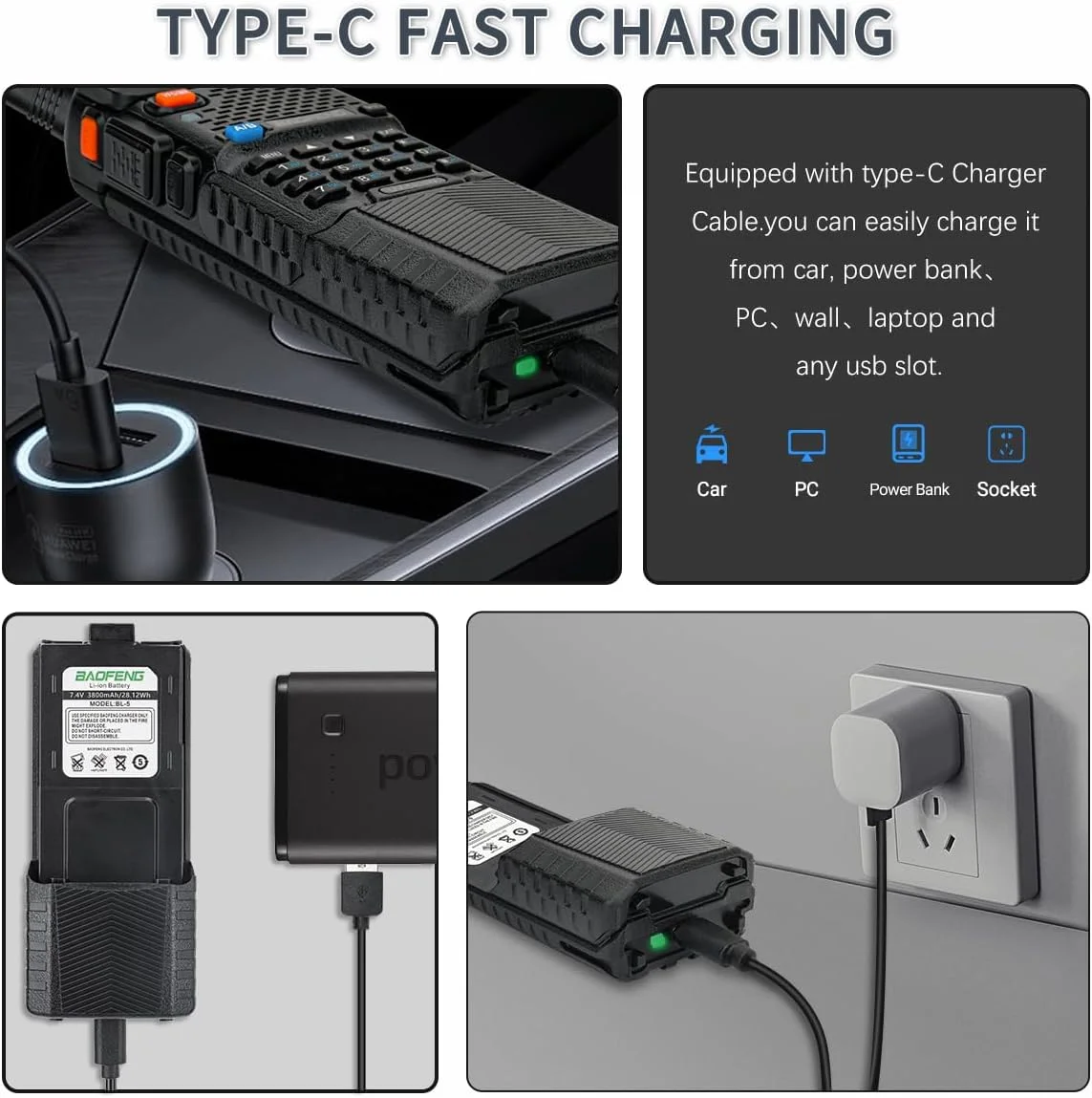 باتری BAOFENG UV-5R با ظرفیت 3800mAh و شارژ USB-C، باتری توسعه یافته برای رادیوهای سری UV5R BF-8HP UV-5R، باتری با ظرفیت بالا به همراه کابل شارژ Type-C (2 عدد)