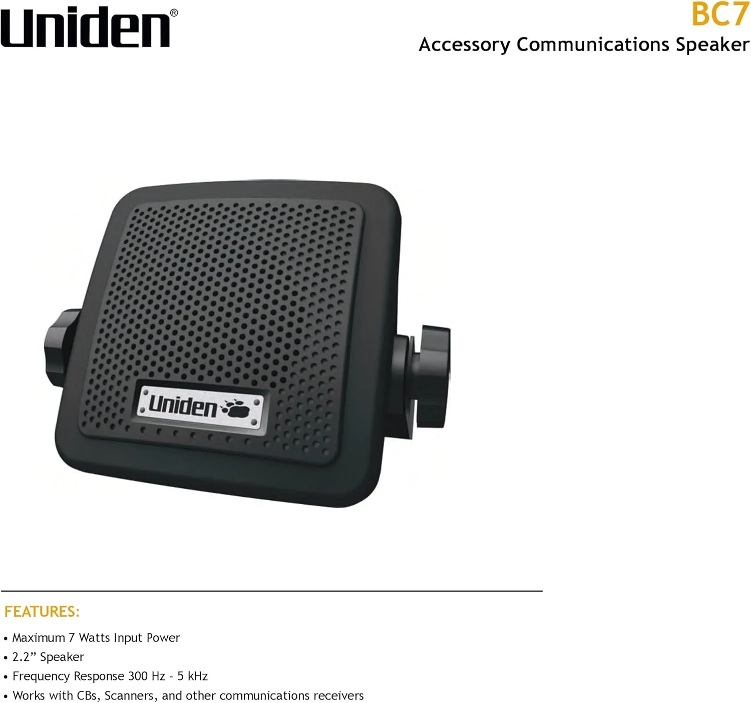 اسپیکر ارتباطی خارجی 7 واتی Uniden (BC7) Bearcat. طراحی بادوام و مقاوم، ایده آل برای تقویت اسکنرهای Uniden، رادیوهای CB و سایر گیرنده های ارتباطی، مشکی