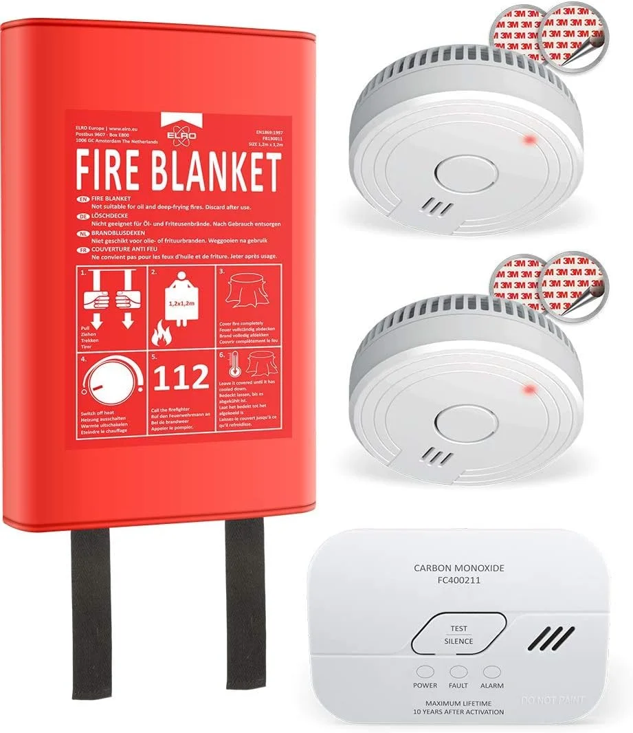 ELRO FF0404 Fire Safety Kit Kit-2x Smoke Alarm with 5 Battery-CO Detector with 10 Year Sensor and Hardcover Blanket x 1,2m, Red, Vorteilspaket