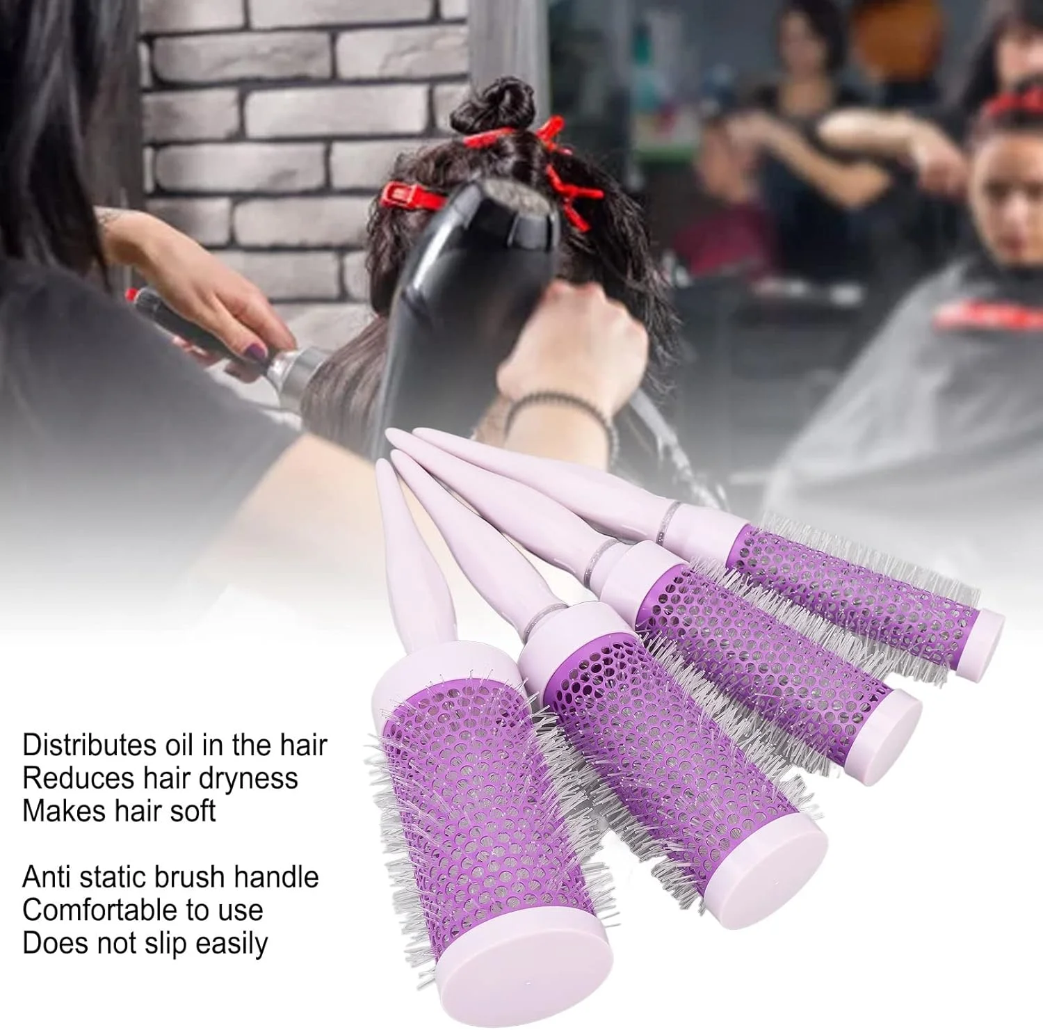 برس مو فر کننده برای حالت دادن، برس مو گرد برای فر کردن و صاف کردن، برس گرد نایلونی بنفش برای خشک کردن با سشوار، برس مو برای مرتب کردن مو، برس مو رولی