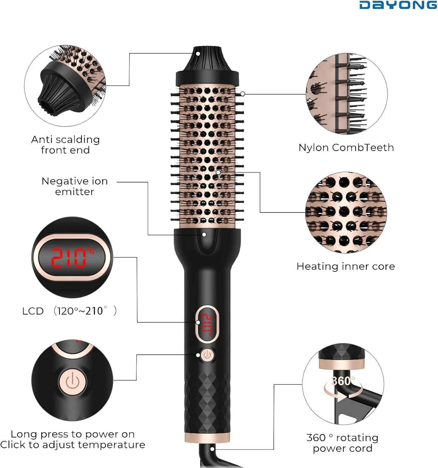 برس حرارتی DAYONG، شانه فر کننده 1.5 اینچی، اتو موی حرارتی برای صاف کردن مو، برس گرد حرارتی ضد سوزش برای موهای بلند و کوتاه، گرم شدن سریع 30 ثانیه ای با 10 تنظیم دما.