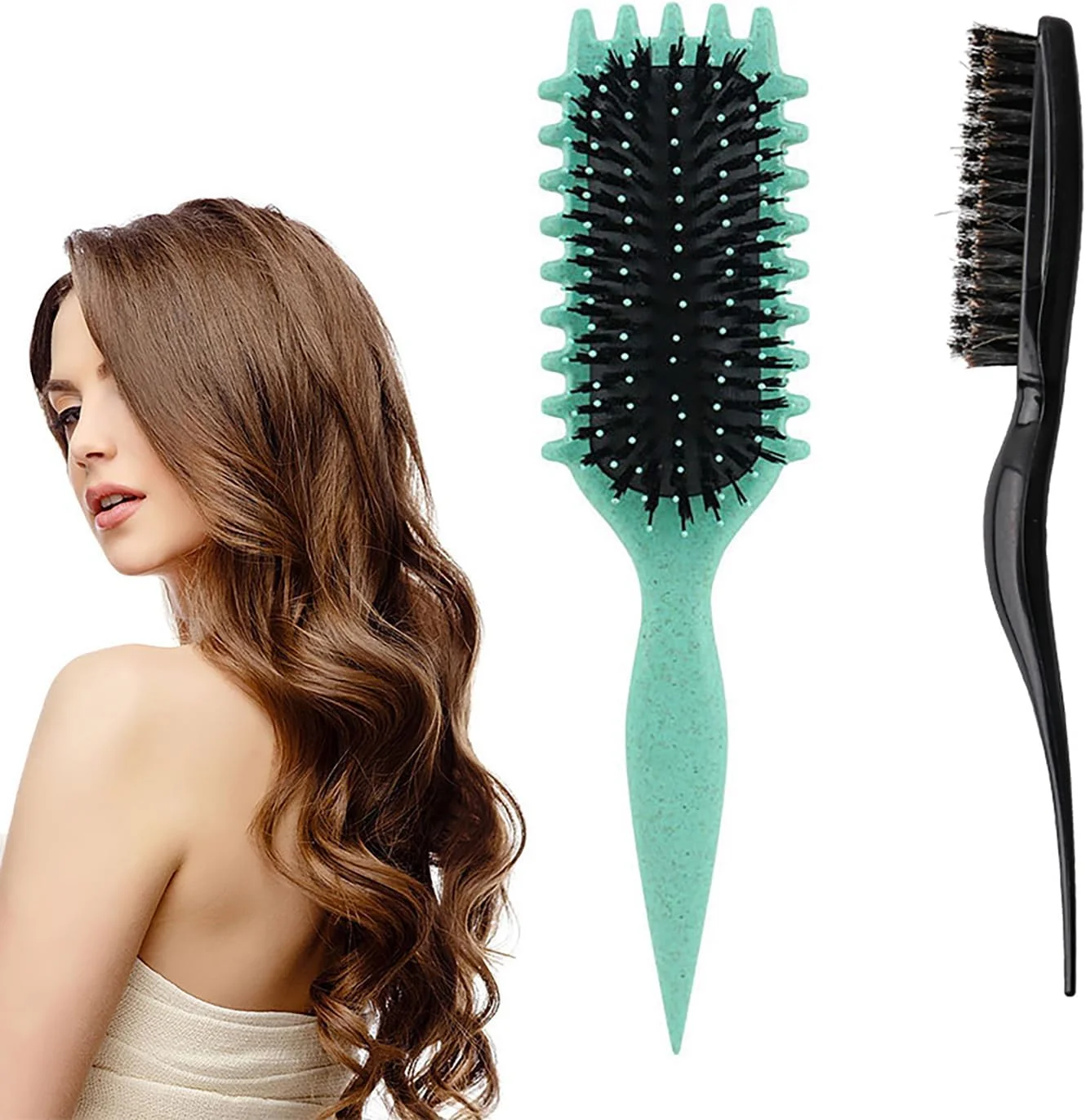 برس حالت دهنده فر کننده مو، 1 برس موی فر و 1 برس شانه ای برای زنان و مردان، سبز+مشکی