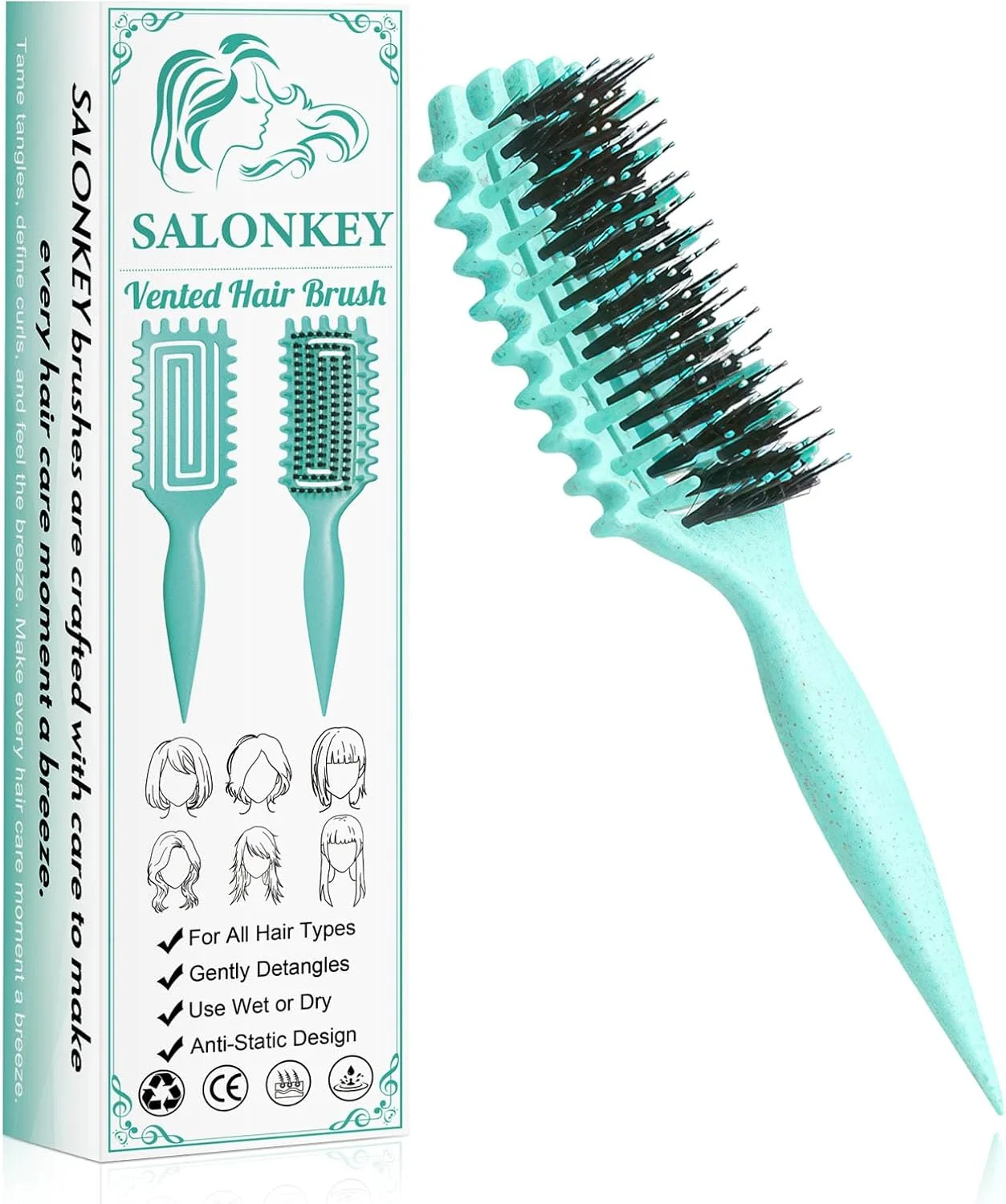 برس فر کننده مو، باز کردن گره و حالت دادن ملایم بدون کشیدن، دسته ارگونومیک، ضد الکتریسیته ساکن، مناسب برای زنان، مردان و کودکان، همچنین به عنوان برس مو (سبز)