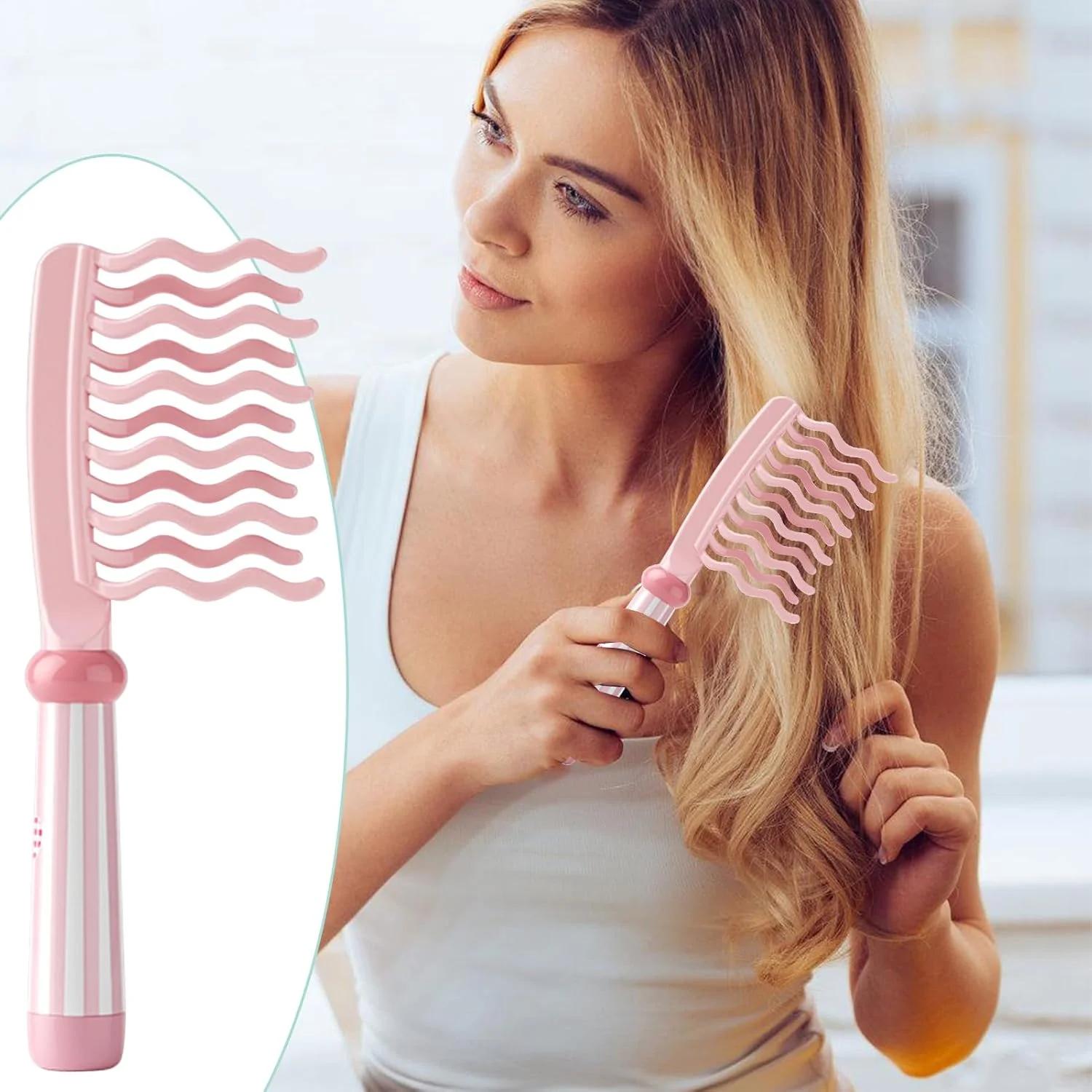 شانه فر کننده مو | شانه دندانه پهن برس فر کننده - برس موج دو ردیفه ضد الکتریسیته ساکن ابزار ماساژ پوست سر، ابزار حالت دهی مو برای زنان دختران موهای بلند ضخیم مرطوب و خشک