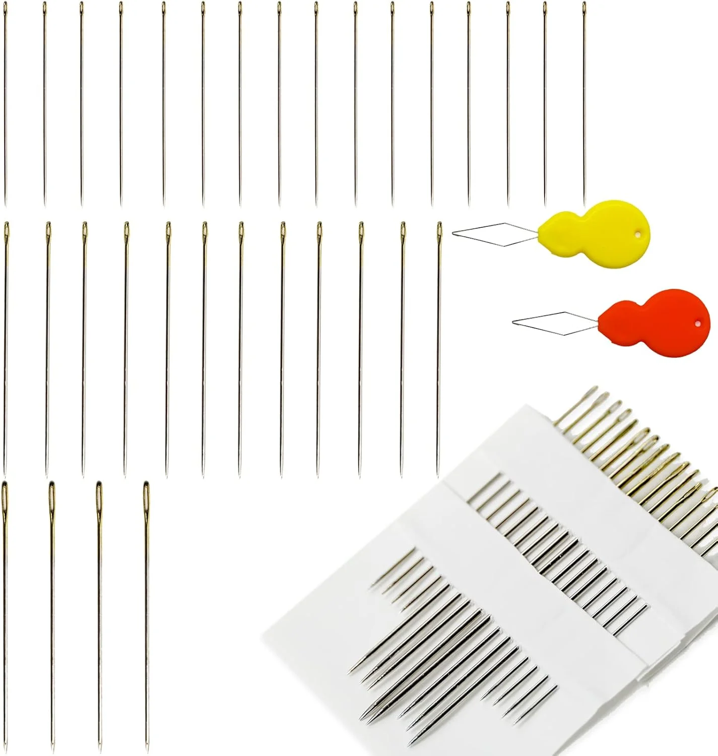 32 PCS Sewing Needles Large Eye Sharp Point with 2 Threader, Gold plating Process 3 Sizes (3.8cm/4.7cm/5.5cm), Embroidery Needles Hand Sewing with a Threader