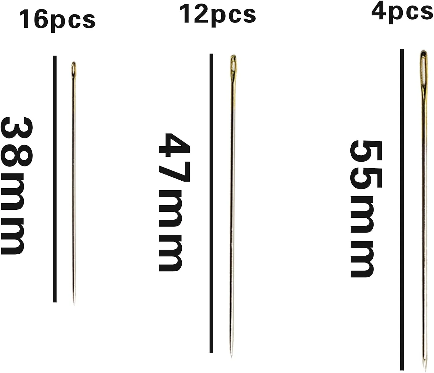 32 PCS Sewing Needles Large Eye Sharp Point with 2 Threader, Gold plating Process 3 Sizes (3.8cm/4.7cm/5.5cm), Embroidery Needles Hand Sewing with a Threader 32 PCS Sewing Needles Large Eye Sharp Point with 2 Threader, Gold plating Process 3 Sizes (3.8cm/4.7cm/5.5cm), Embroidery Needles Hand Sewing with a Threader