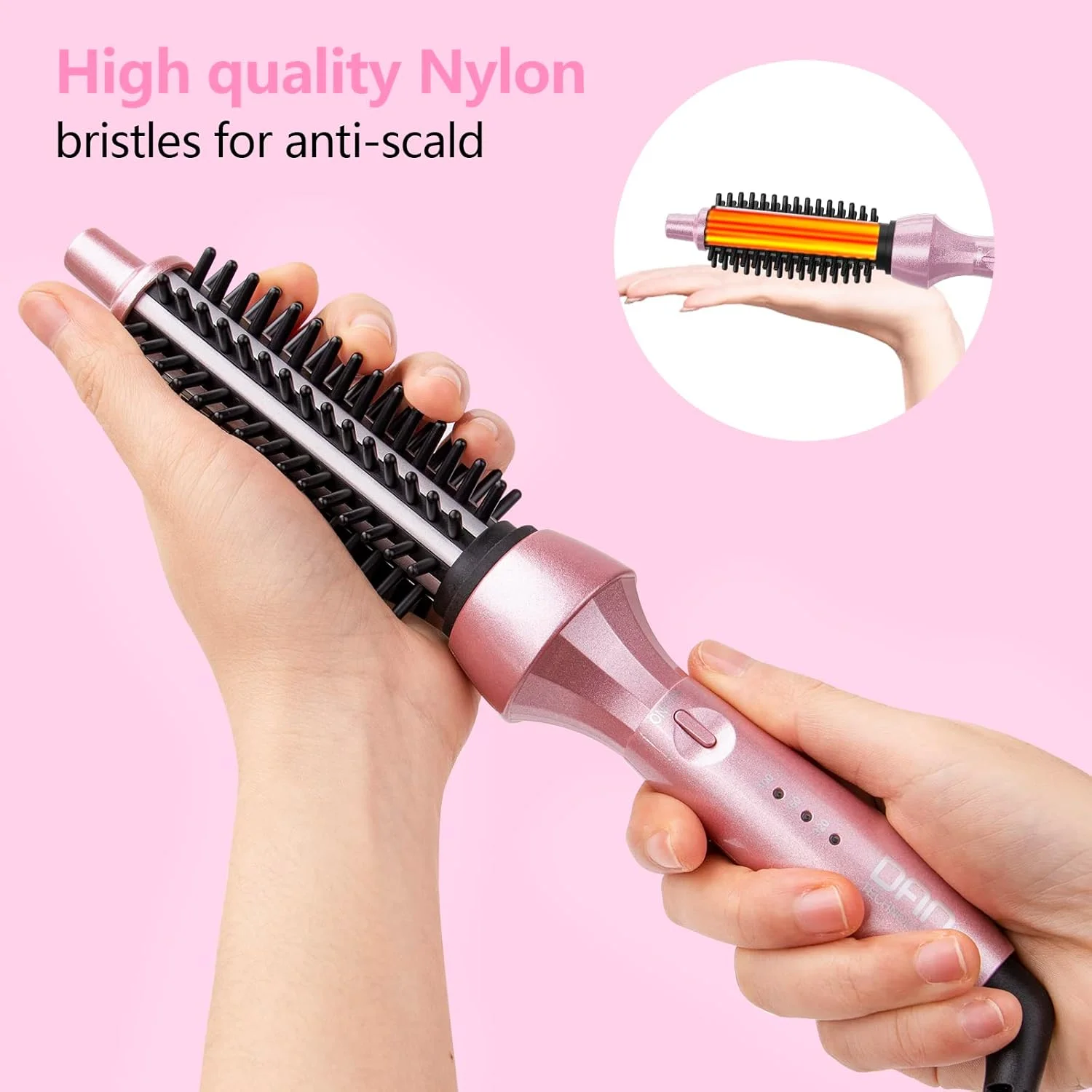 برس فر کننده مو DAN Technology، 1 اینچ، سرامیکی، صورتی، دمای قابل تنظیم، ولتاژ دوگانه، گرمایش سریع، ضد سوختگی، خاموش شدن خودکار ایمنی، برای موهای فر، اتو مو