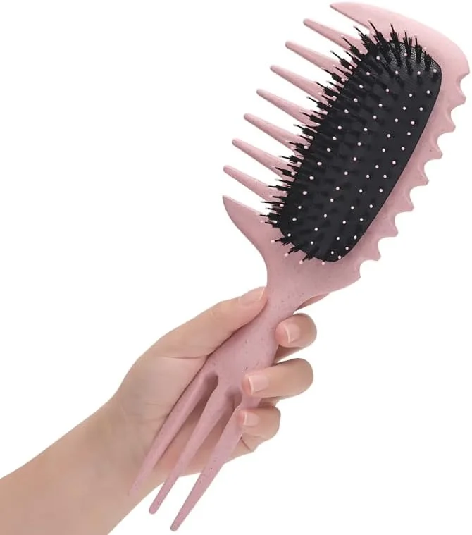 Curl Defining Hair Brush With Comb – Detangling & Styling Brush with Non-Slip Sectioning Handle, Flexible Nylon Bristles for Curly, Wavy, Coily Hair– Wet or Dry Use -Pink