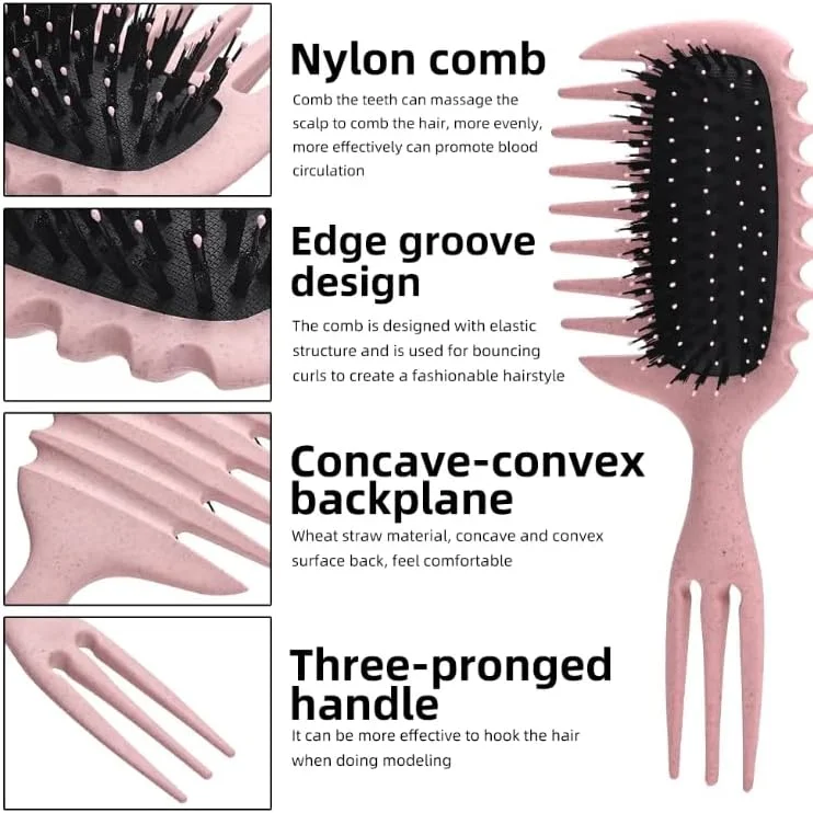Curl Defining Hair Brush With Comb – Detangling & Styling Brush with Non-Slip Sectioning Handle, Flexible Nylon Bristles for Curly, Wavy, Coily Hair– Wet or Dry Use -Pink