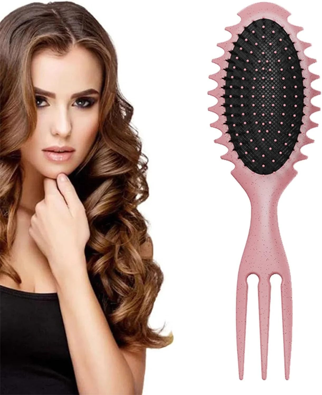 برس حالت دهنده فر مو، برس حالت دهنده موی فر 3 در 1، کاهش کشیدگی و جدا شدن فر، برس حالت دهنده فر مو، حالت دهی و مشخص کردن فرها برای زنان، هدیه برای زنان، صورتی