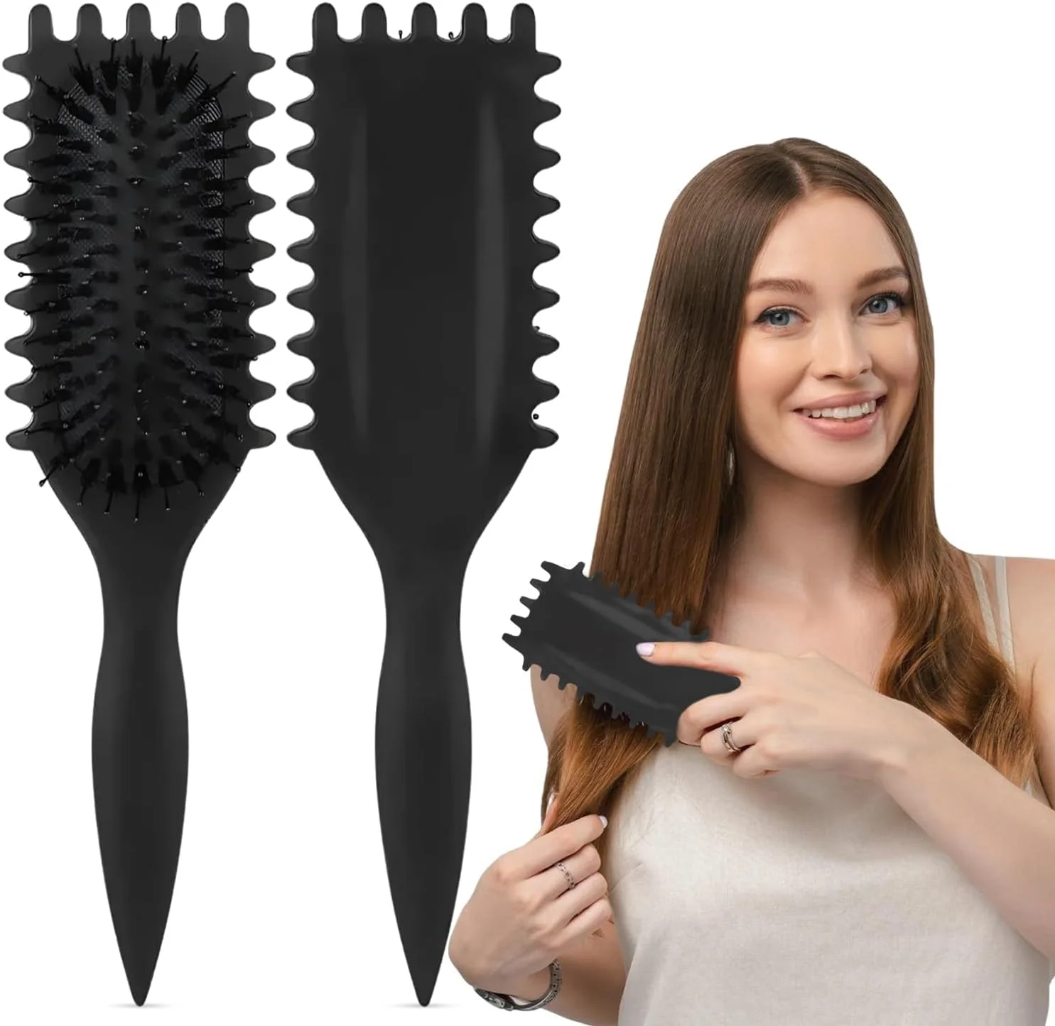 برس حالت دهنده فر، برس حالت دهنده موهای فر با دنده کناری برای شانه کردن و حالت دادن، ایده آل برای مراقبت از موهای خیس و خشک، برای شانه کردن و حالت دادن به فرهای مردانه و زنانه - مشکی