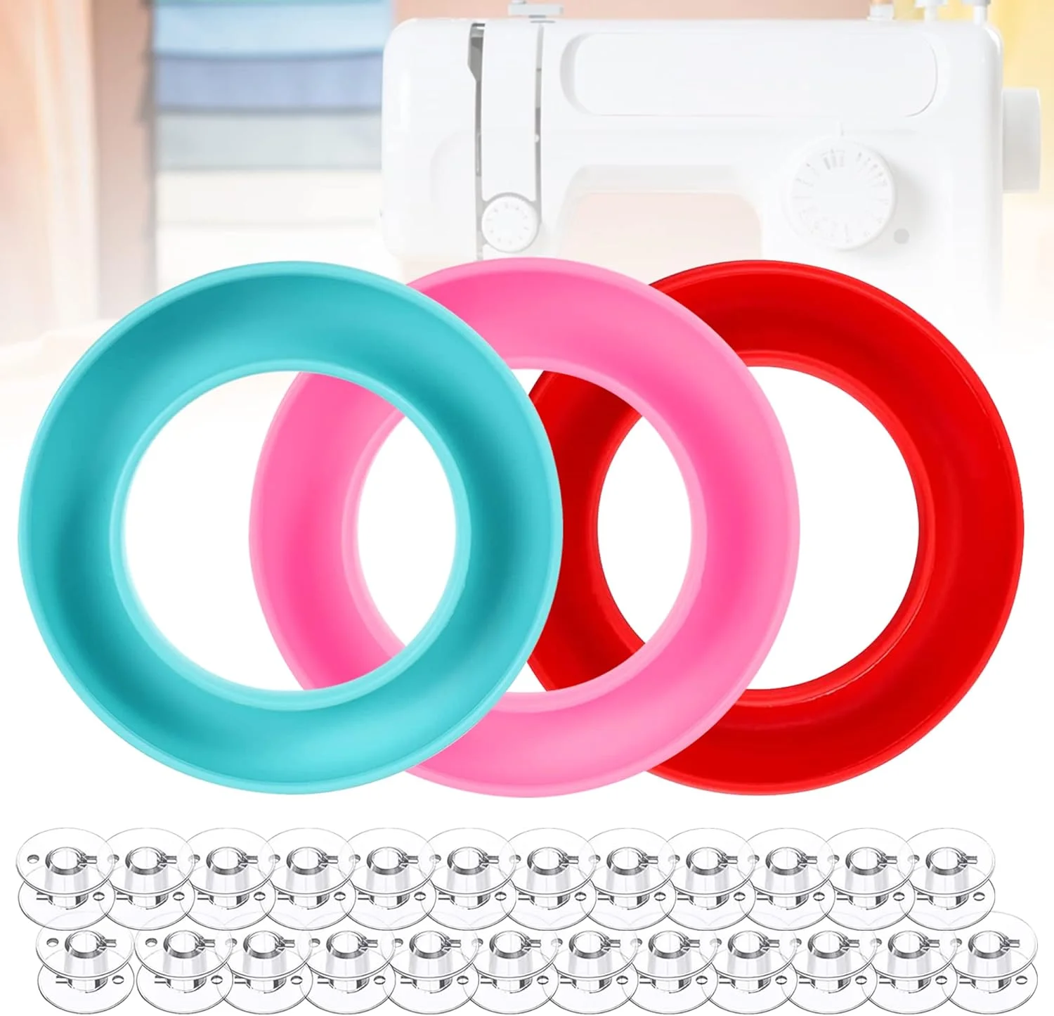 نگهدارنده ماسوره Neatbuddy، بسته 3 عددی، حلقه های ماسوره سیلیکونی، سازمان دهنده ماسوره چرخ خیاطی با رنگ های مختلف و 24 ماسوره شفاف برای لوازم خیاطی روزانه (قرمز، صورتی و آبی روشن)