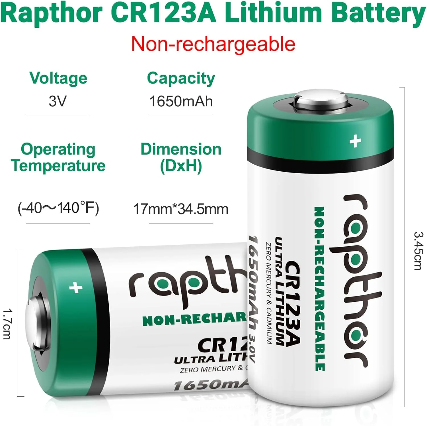 بسته 20 عددی باتری لیتیومی 3 ولت Rapthor CR123A با توان بالا 1650mAh مدل CR123 CR17345 مناسب چراغ قوه، میکروفون، اسباب بازی، سیستم اعلام حریق و دتکتور دود - باتری های غیر قابل شارژ 123A مخصوص عکس بسته 20 عددی باتری لیتیومی 3 ولت Rapthor CR123A با توان بالا 1650mAh مدل CR123 CR17345 مناسب چراغ قوه، میکروفون، اسباب بازی، سیستم اعلام حریق و دتکتور دود - باتری های غیر قابل شارژ 123A مخصوص عکس