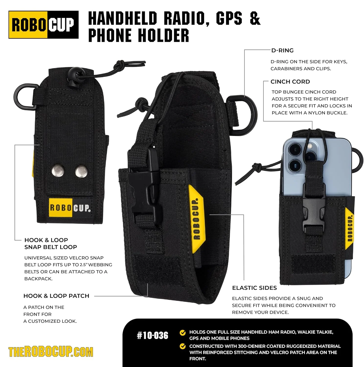 کیف کمری نگهدارنده رادیو دستی دو طرفه، واکی تاکی، GPS، تلفن ROBOCUP، طراحی مقاوم برای کار و ورزش، کناره های الاستیک جهانی برای کابل های میکروفون، دوخت تقویت شده، محل نصب پچ، حلقه D