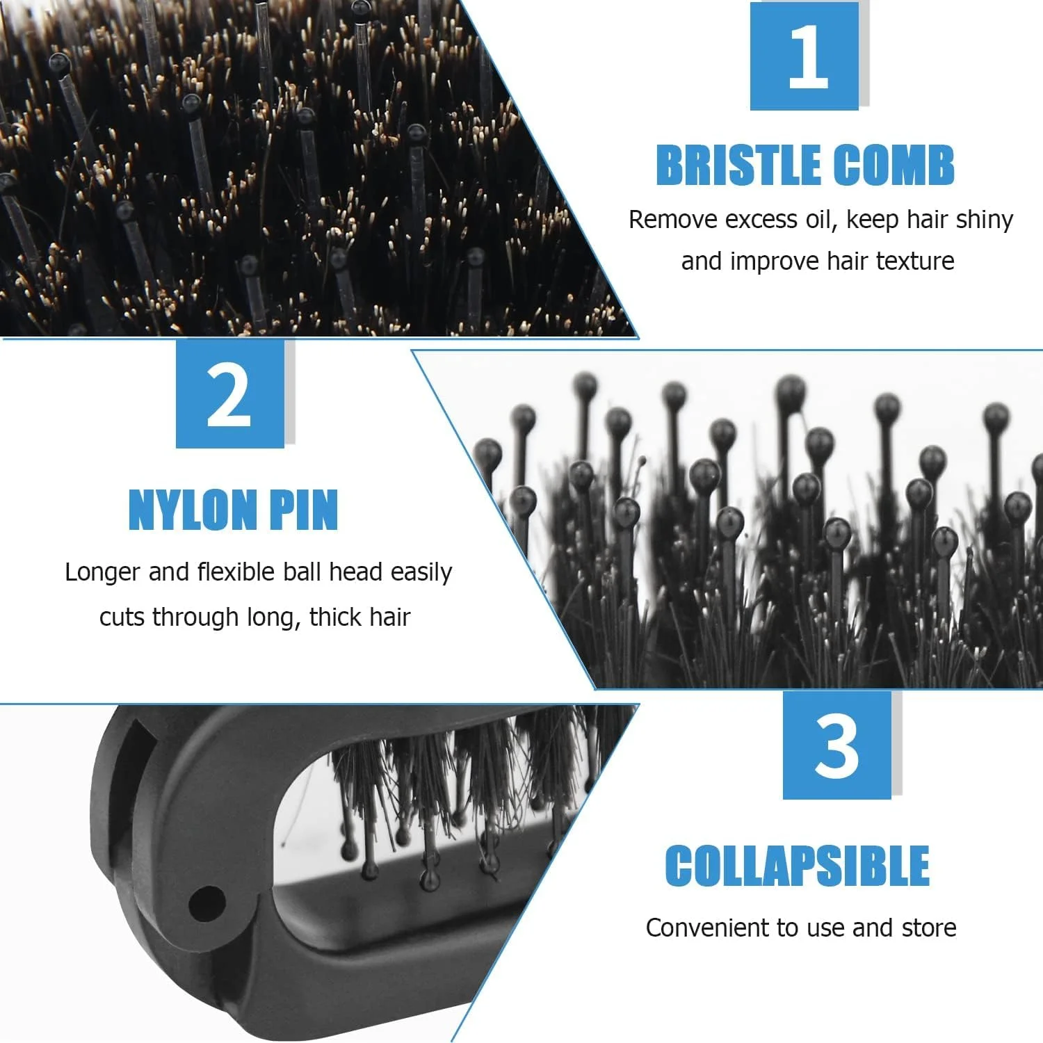 برس مو تاشو مسافرتی BIGTHREE، برس موی جیبی قابل حمل، برس ماساژ جمع و جور، برس حالت دهنده قابل حمل، برس مو مناسب برای مسافرت، کمپینگ، خانه و غیره برای آقایان و بانوان