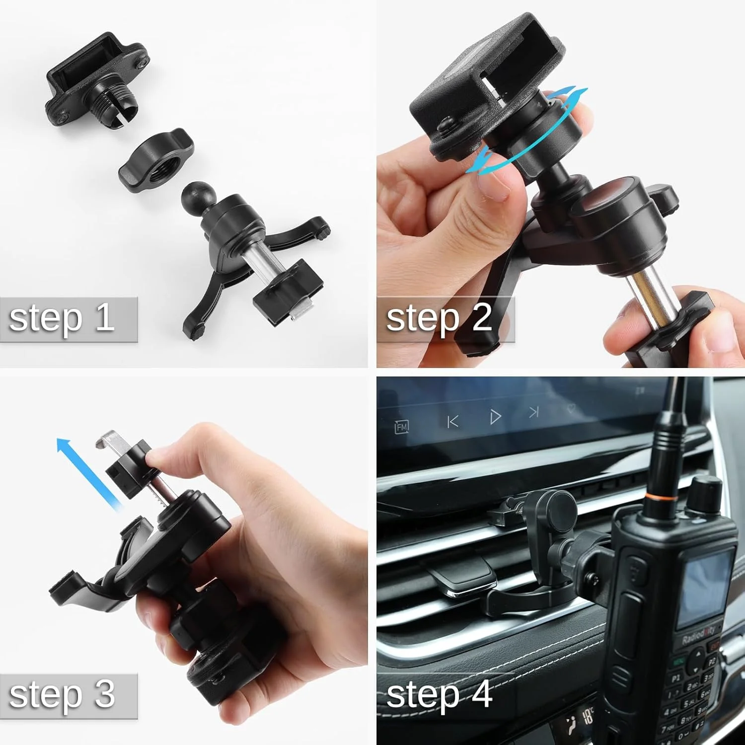 پایه نگهدارنده دریچه کولر خودرو Radioddity RH4، نگهدارنده رادیو ماشین جهانی، گیره کمربند قلاب فولادی نگهدارنده رادیو دو طرفه برای بیسیم های دستی Baofeng Retevis Yaesu