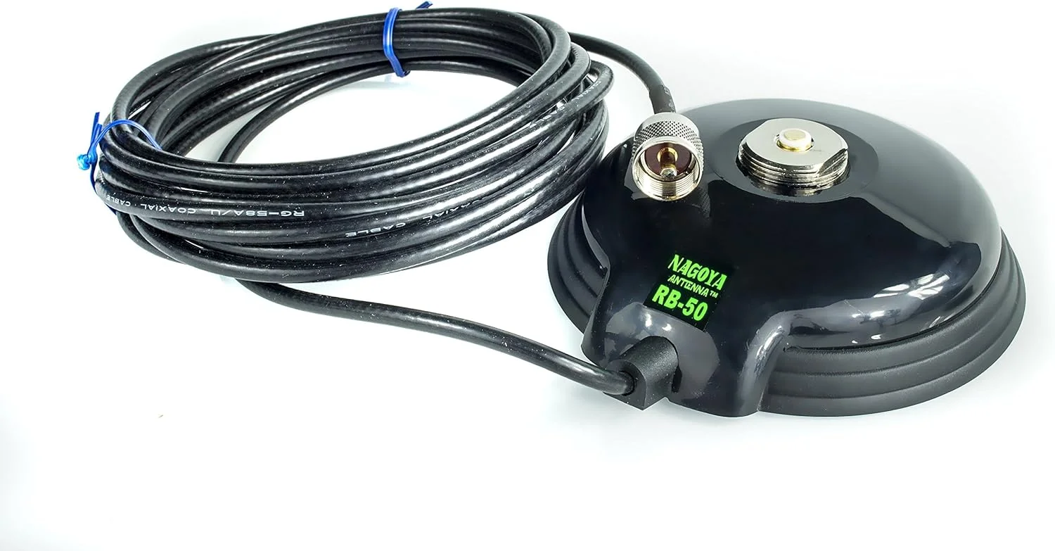 پایه آهنربایی NMO یونیورسال سنگین ناگویا مدل RB-50، شامل 18 فوت کابل RG-58A/U با کانکتور PL-259 (شامل درپوش باران NMO)