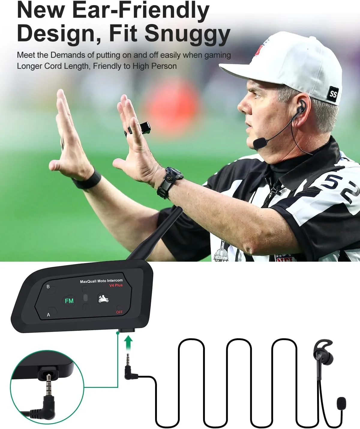 سیستم ارتباطی داوری مکس کوال برای 4 نفر، هدست داوری V4 Plus فوتبال بی سیم بلوتوثی اینترکام فوتبال با حافظه جفت سازی داخلی - جدیدترین تراشه - گوشی طراحی شده جدید (4V4 (گوشی L))