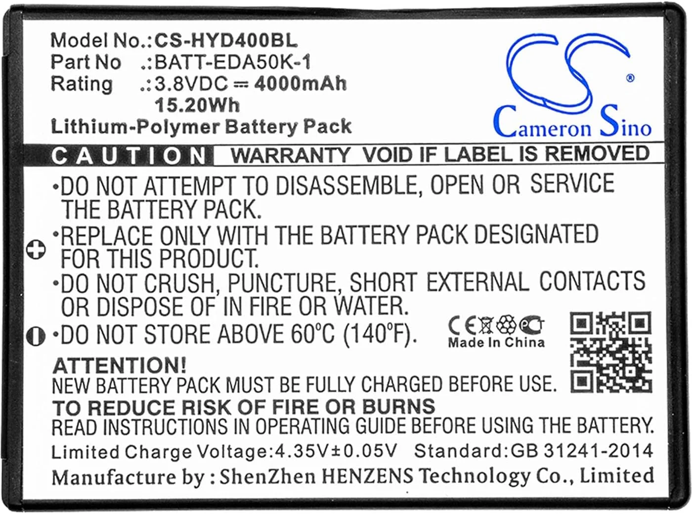 باتری Cameron Sino برای Honeywell EDA50, EDA50hc, Scanpal EDA40, Scanpal EDA50K, Scanpal EDA51, Scanpal EDA70, Scanpal EDA71 پارت نامبر: Honeywell 50129589-001, 50134176-001, BAT-EDA50