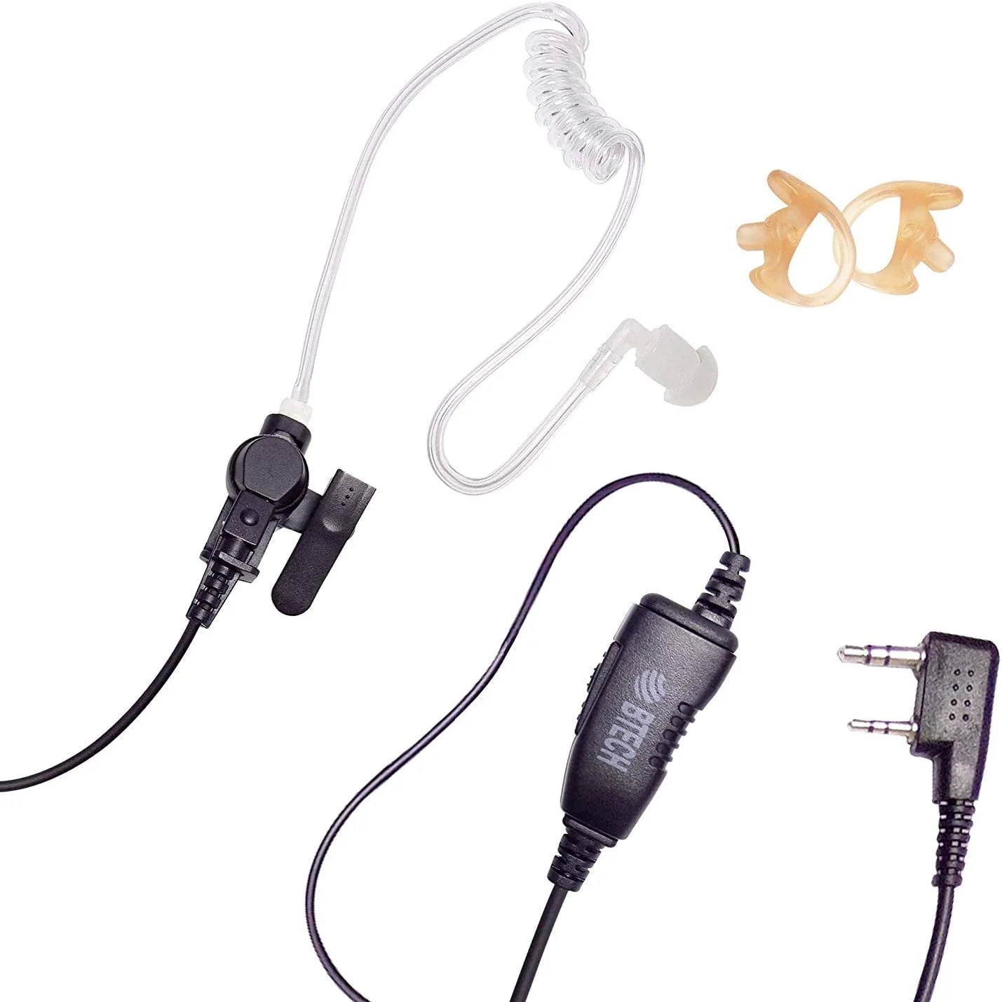 گوشی B-Tech QHM07 با قابلیت حذف نویز ممتاز به همراه PTT و میکروفون داخلی (شامل قالب گوش و ایرباد) با لوله صوتی شفاف برای رادیوهای BaoFeng، Kenwood (بسته 1 عددی) – سری پلاتینیوم