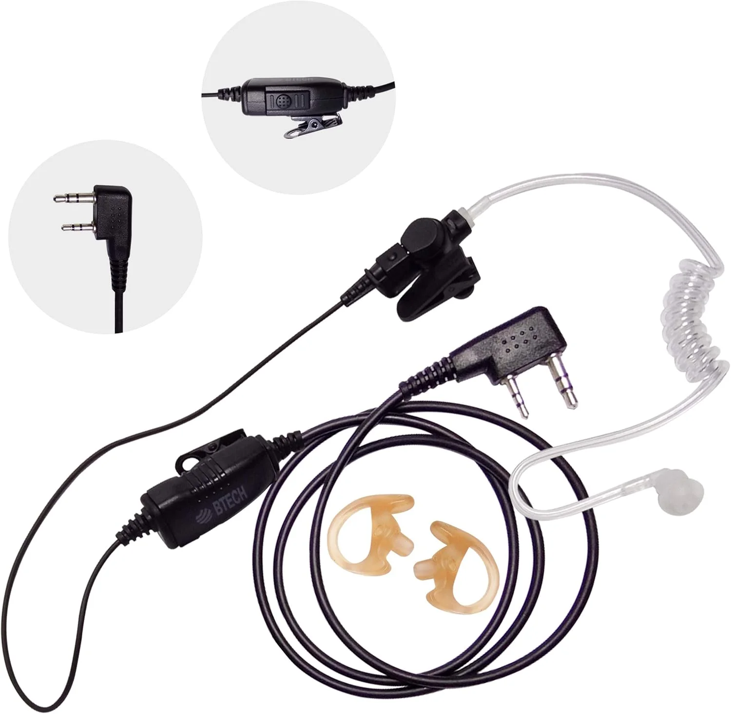 گوشی B-Tech QHM07 با قابلیت حذف نویز ممتاز به همراه PTT و میکروفون داخلی (شامل قالب گوش و ایرباد) با لوله صوتی شفاف برای رادیوهای BaoFeng، Kenwood (بسته 1 عددی) – سری پلاتینیوم