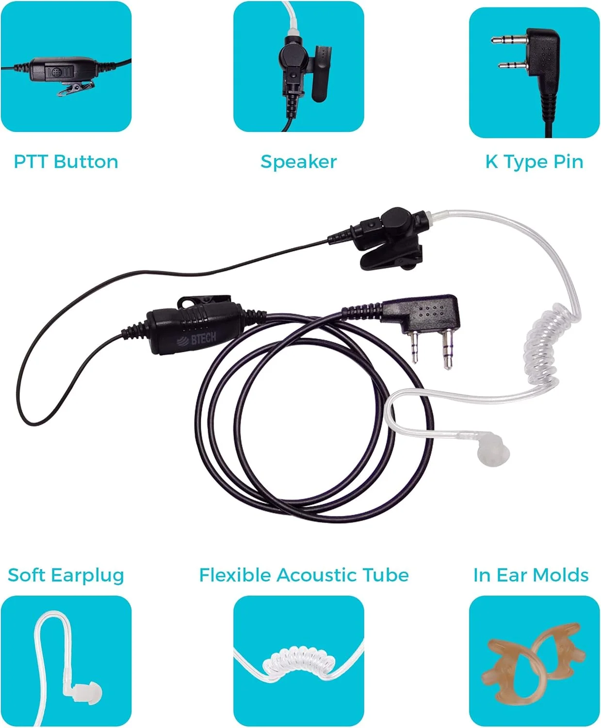 گوشی B-Tech QHM07 با قابلیت حذف نویز ممتاز به همراه PTT و میکروفون داخلی (شامل قالب گوش و ایرباد) با لوله صوتی شفاف برای رادیوهای BaoFeng، Kenwood (بسته 1 عددی) – سری پلاتینیوم