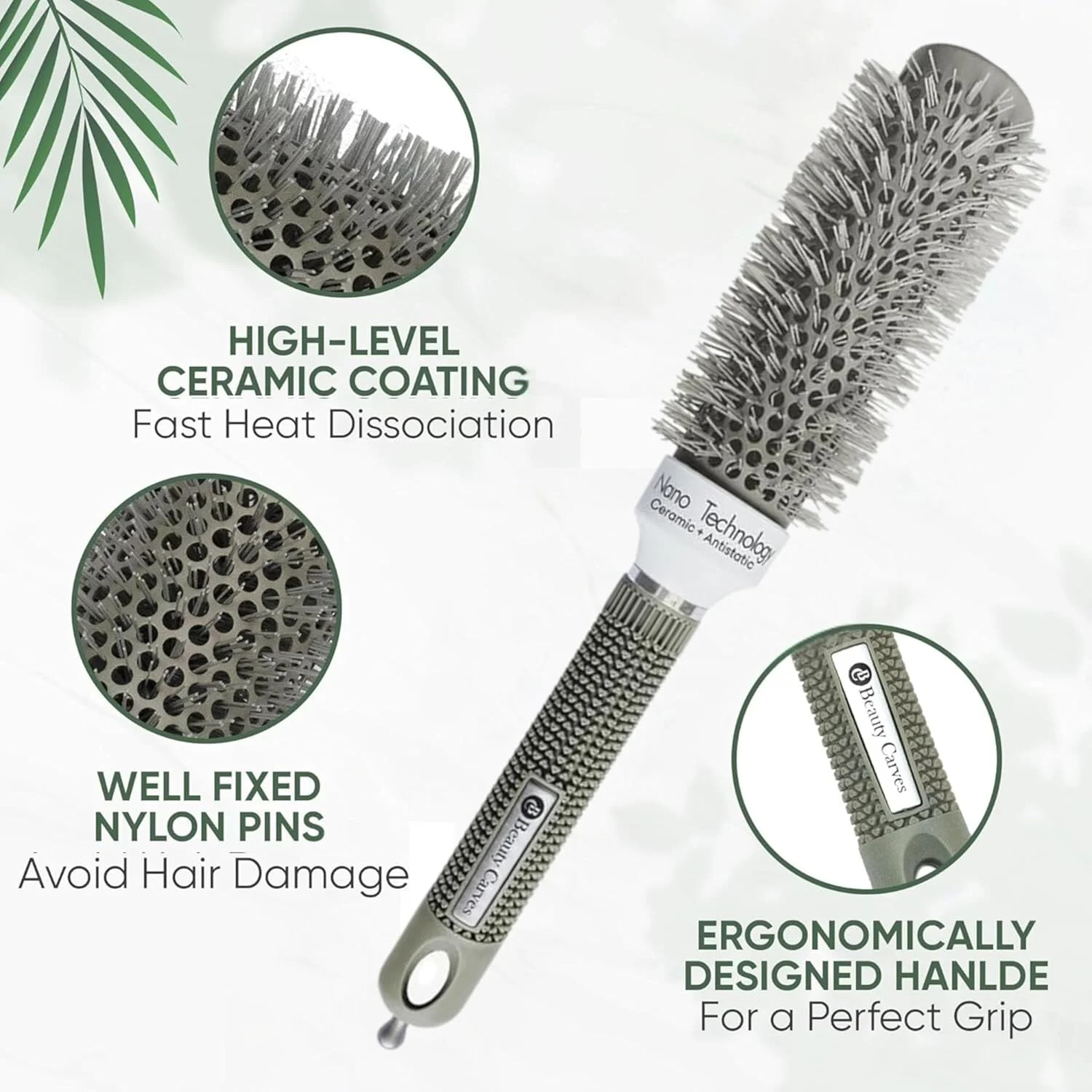 برس گرد حالت دهنده مو بیوتی کاروز، قطر 32 میلی متر با 2 گیره - برس موی گرد با موهای نایلونی انعطاف پذیر 66، فناوری نانو یونی مقاوم در برابر حرارت برای فر کردن، حالت دادن و درخشان کردن حرفه ای مو