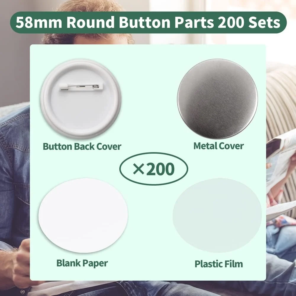 Mostme 200 Sets 58mm/2.25 inch Button Supplies Button Parts for Button Maker Machine 58mm, Round Badge Blank Button Pins, Includes Plastic Button Pin Back Cover, Metal Cover, Clear Film&Blank Paper Mostme 200 Sets 58mm/2.25 inch Button Supplies Button Parts for Button Maker Machine 58mm, Round Badge Blank Button Pins, Includes Plastic Button Pin Back Cover, Metal Cover, Clear Film&Blank Paper