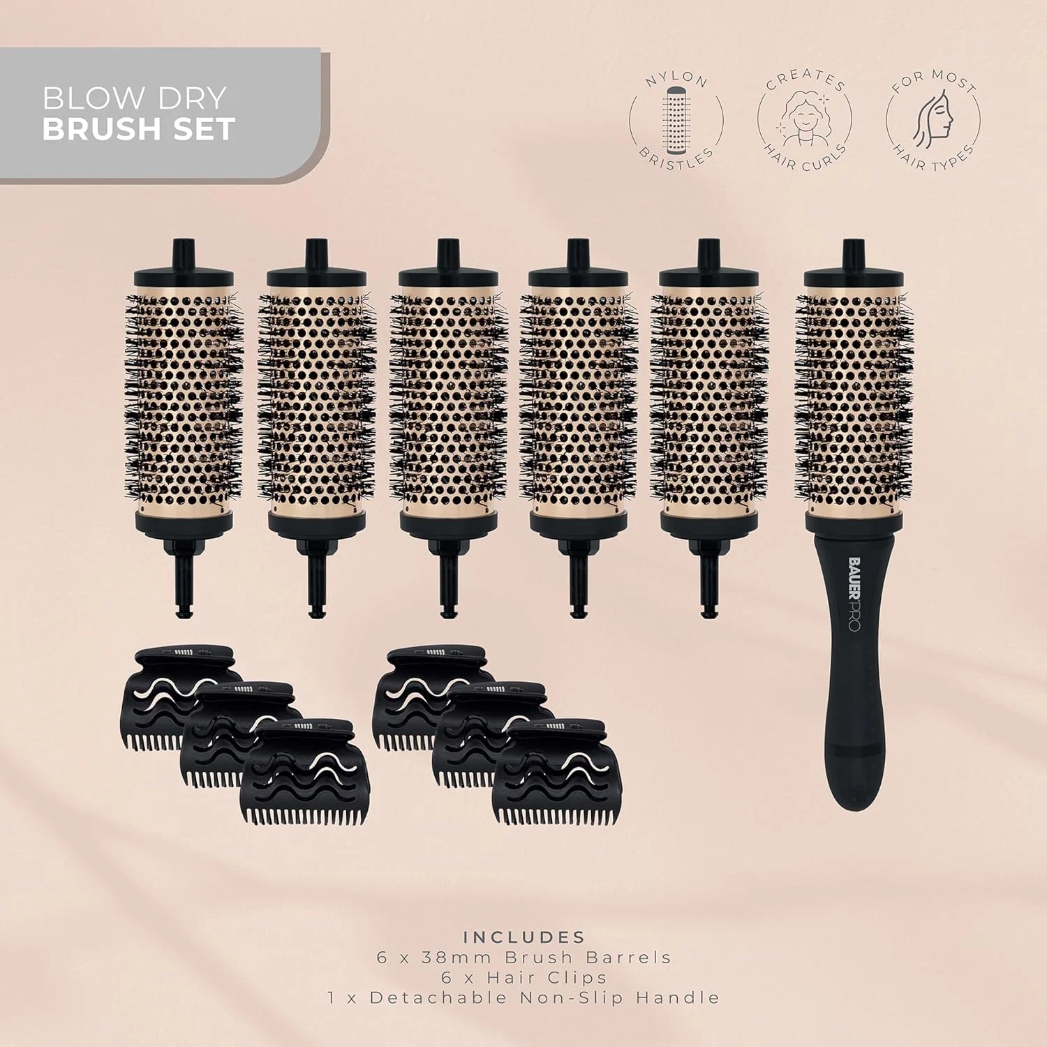 ست برس سشوار بائر 2 در 1 / 6 استوانه جداشدنی 38 میلیمتری و 6 گیره حالت دهنده / برس موی گرد سبک وزن برای حجم، فر و حالت دهی صاف 39519 ست برس سشوار بائر 2 در 1 / 6 استوانه جداشدنی 38 میلیمتری و 6 گیره حالت دهنده / برس موی گرد سبک وزن برای حجم، فر و حالت دهی صاف 39519