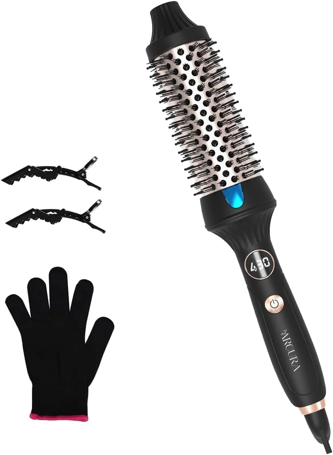 برس حرارتی یونی حرارتی ممتاز آرورا، برس گرد حرارتی 1.5 اینچی برای حالت دادن به مو با کنترل دما، شامل دستکش حرارتی و 2 گیره مو، صاف کننده و حجم دهنده