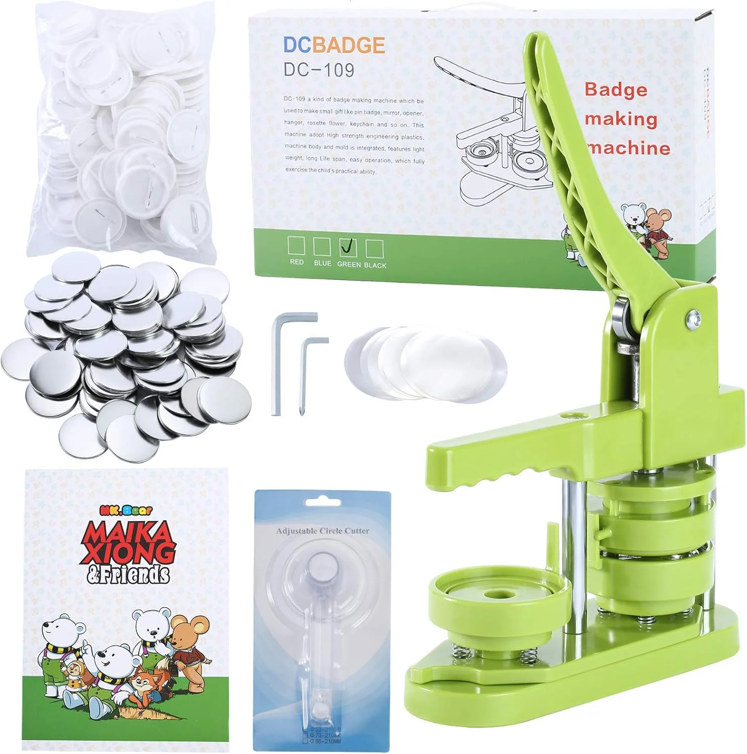 MK.Bear Installation-Free Button Badge Maker Machine 58mm (2¼ in) DIY Pin Button Maker Press Machine Badge Punch Press with Free 100pcs Button Parts&Pictures&Circle Cutter&MK.Bear Magic Book (Green)