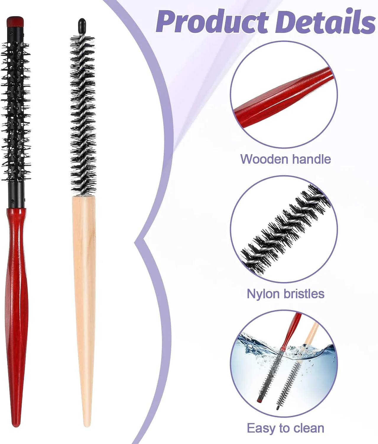 2 عدد برس گرد کوچک، برس گرد نازک برای حالت دادن مو، شانه فر کننده مسافرتی، برس رولی کوچک، شانه مو، برس مو، برس فر کننده کوچک برای موهای کوتاه، خشک کردن با سشوار، حالت دادن و لیفتینگ