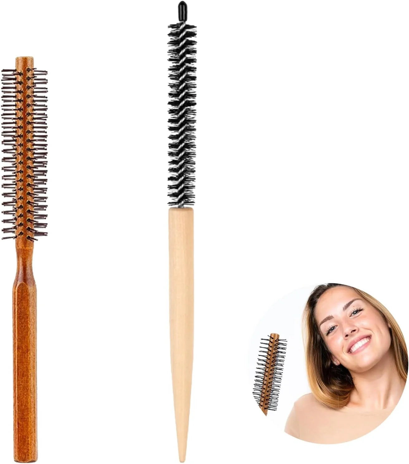 ست برس مو گرد دو عددی، برس گرد کوچک استوانه‌ای منفذدار برای خشک کردن مو، برس‌های غلتکی کوچک کوئیف، برس غلتکی استوانه‌ای با موهای نایلونی، شانه فر کننده برای حالت دادن به مو، چتری و ریش