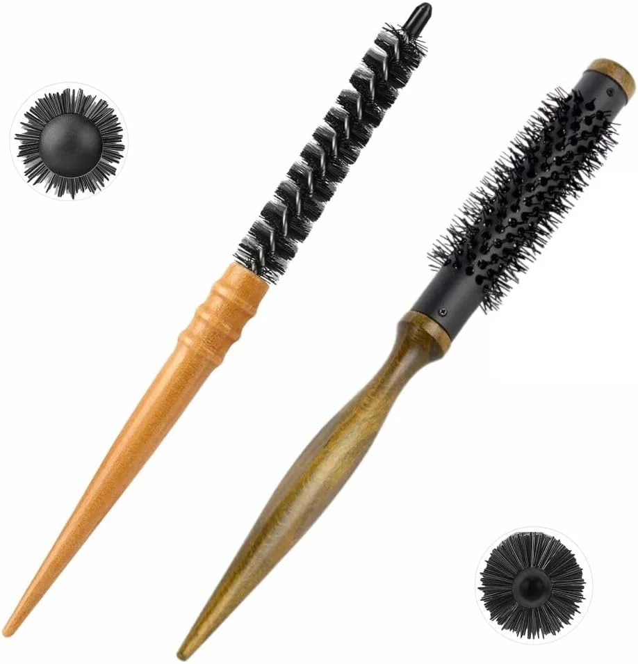 برس موی گرد چوبی 2 عددی برای آقایان و بانوان، برس شانه غلتکی مینی، برس مو با موهای نایلونی، برس گرد کوچک برای خشک کردن با سشوار، ست برس موی غلتکی کوئیف، برس موی سرامیکی چوب جامد