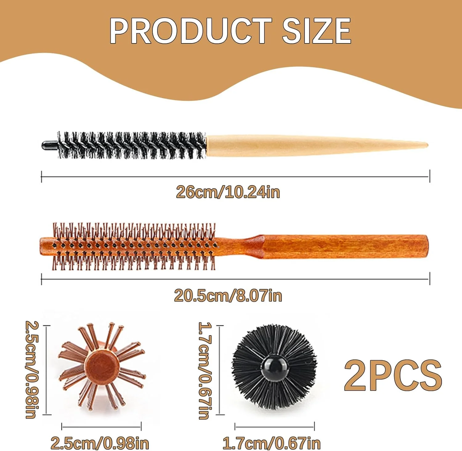 ست برس مو گرد دو عددی، برس گرد کوچک استوانه‌ای منفذدار برای خشک کردن مو، برس‌های غلتکی کوچک کوئیف، برس غلتکی استوانه‌ای با موهای نایلونی، شانه فر کننده برای حالت دادن به مو، چتری و ریش