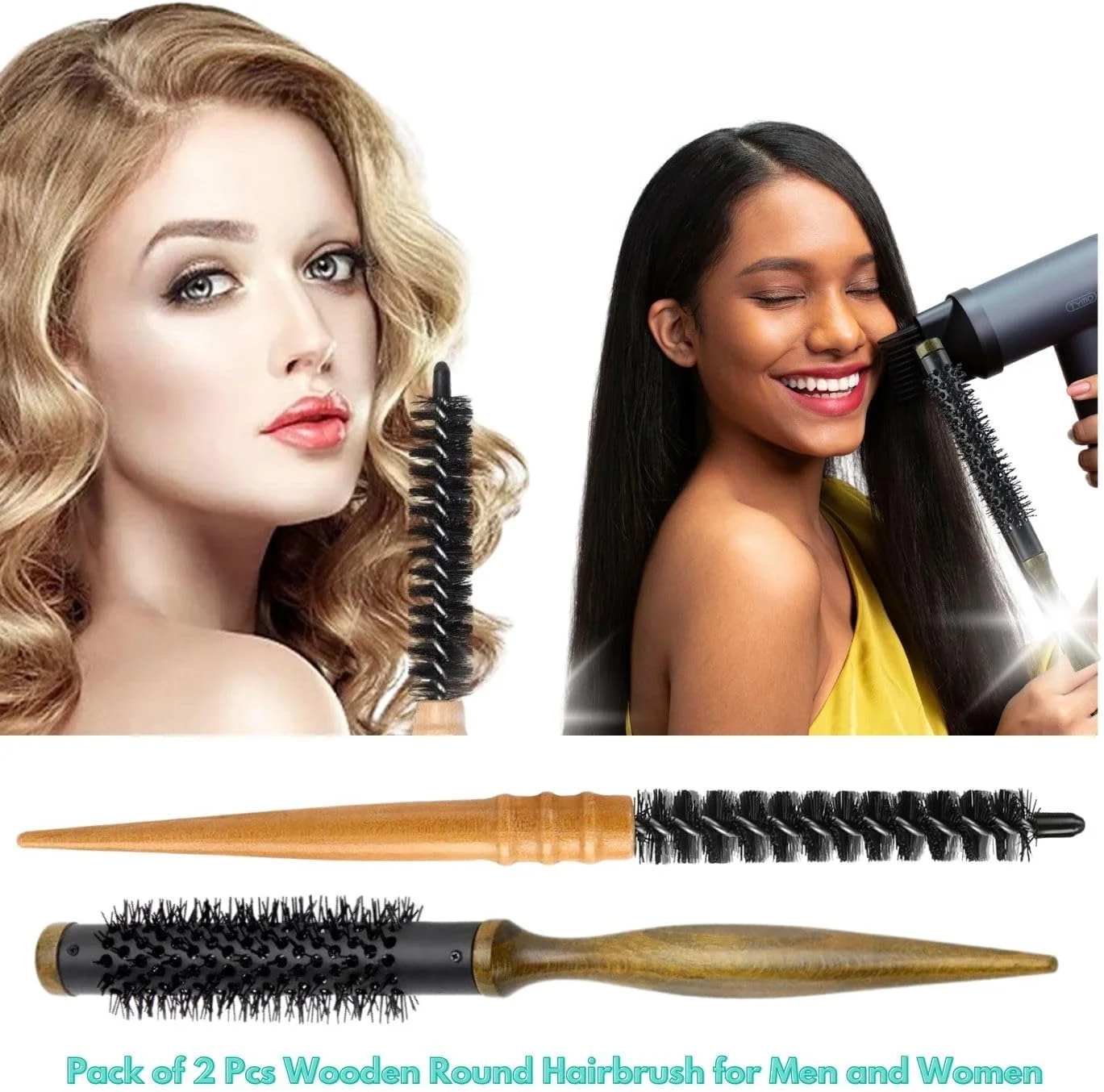 برس موی گرد چوبی 2 عددی برای آقایان و بانوان، برس شانه غلتکی مینی، برس مو با موهای نایلونی، برس گرد کوچک برای خشک کردن با سشوار، ست برس موی غلتکی کوئیف، برس موی سرامیکی چوب جامد
