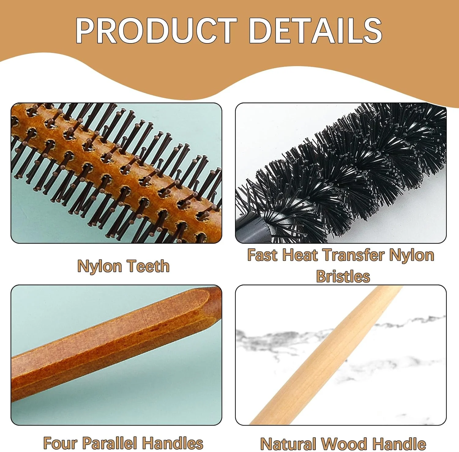 ست برس مو گرد دو عددی، برس گرد کوچک استوانه‌ای منفذدار برای خشک کردن مو، برس‌های غلتکی کوچک کوئیف، برس غلتکی استوانه‌ای با موهای نایلونی، شانه فر کننده برای حالت دادن به مو، چتری و ریش