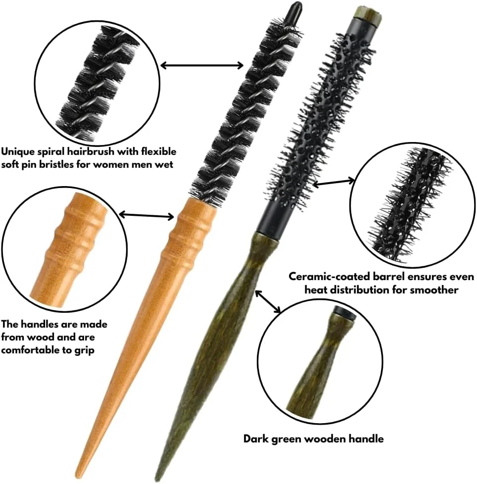 برس موی گرد چوبی 2 عددی برای آقایان و بانوان، برس شانه غلتکی مینی، برس مو با موهای نایلونی، برس گرد کوچک برای خشک کردن با سشوار، ست برس موی غلتکی کوئیف، برس موی سرامیکی چوب جامد