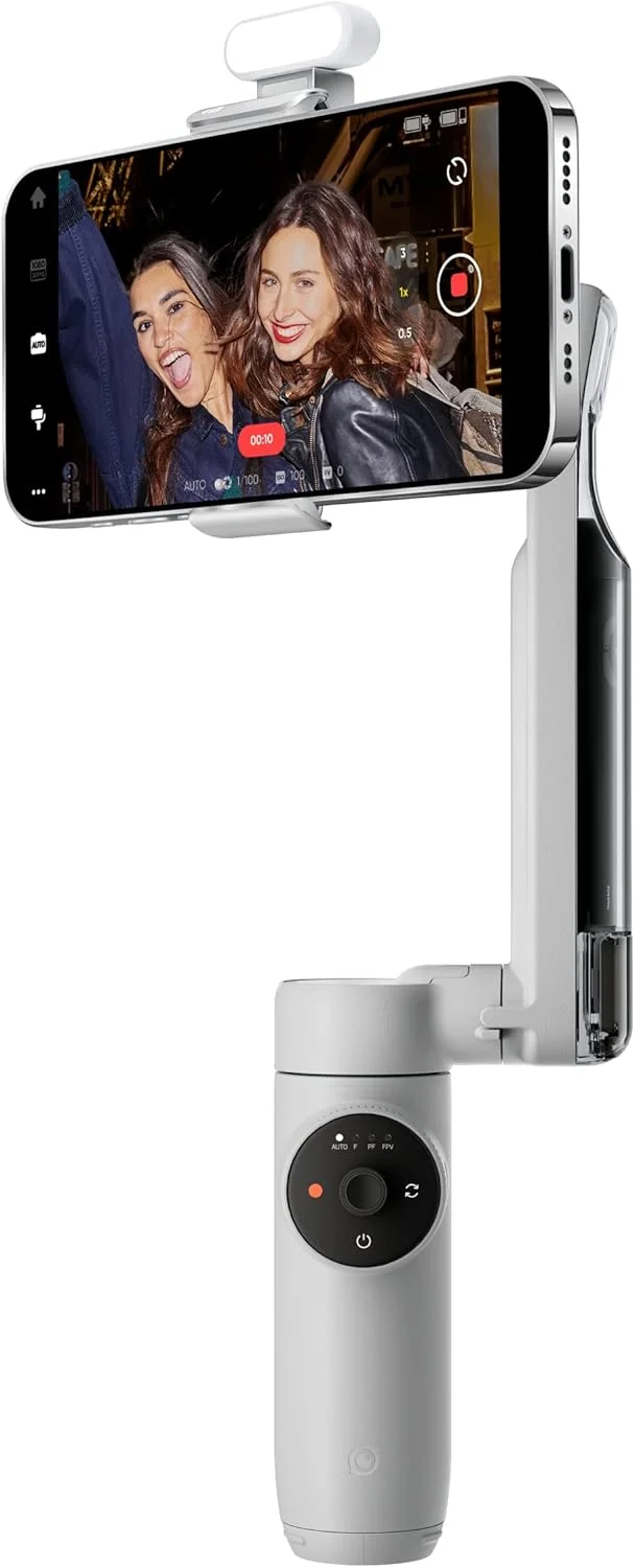 لرزشگیر موبایل هوشمند Insta360 Flow با هوش مصنوعی، گیمبال تلفن با قابلیت ردیابی خودکار، تثبیت کننده 3 محوره، دارای مونوپاد و سه پایه داخلی، قابل حمل و تاشو، مناسب برای ویدیوهای یوتیوب و تیک تاک به همراه نورافکن آهنربایی - خاکستری