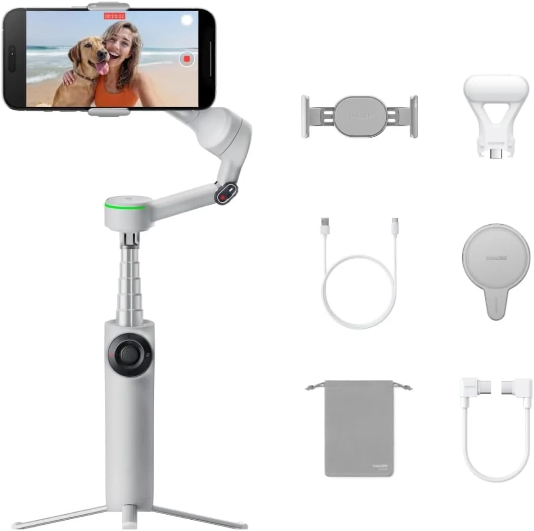 کیت تولید محتوای Insta360 Flow 2 Pro | تثبیت کننده هوش مصنوعی نهایی، ردیابی پانورامای 360 درجه، سه پایه/مونوپاد داخلی، ردیابی در بیش از 200 برنامه با Apple DockKit، ردیابی چند نفره - خاکستری سنگی