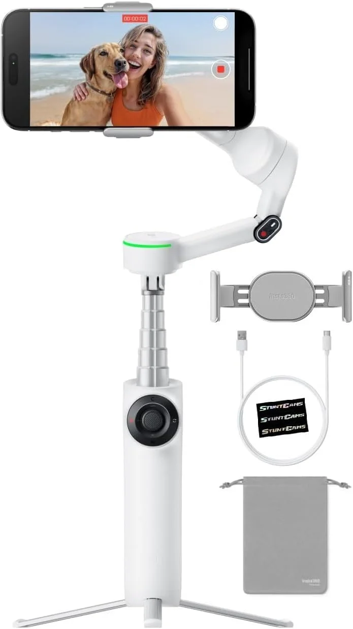 Insta360 Flow 2 Pro | تثبیت کننده ردیابی هوش مصنوعی نهایی، ردیابی پانورامای 360 درجه، سه پایه/مونوپاد داخلی، ردیابی در بیش از 200 برنامه با Apple DockKit، ردیابی چند نفره (سفید، بسته استاندارد)