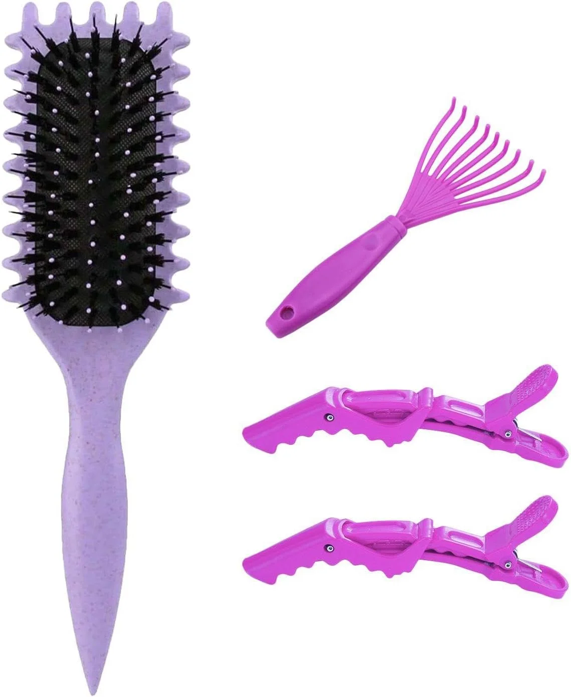 1 برس فر کننده الاستیک، 1 چنگال تمیز کننده شانه، 2 گیره حالت دهنده، برس شانه مو، برس فر کننده حالت دهنده