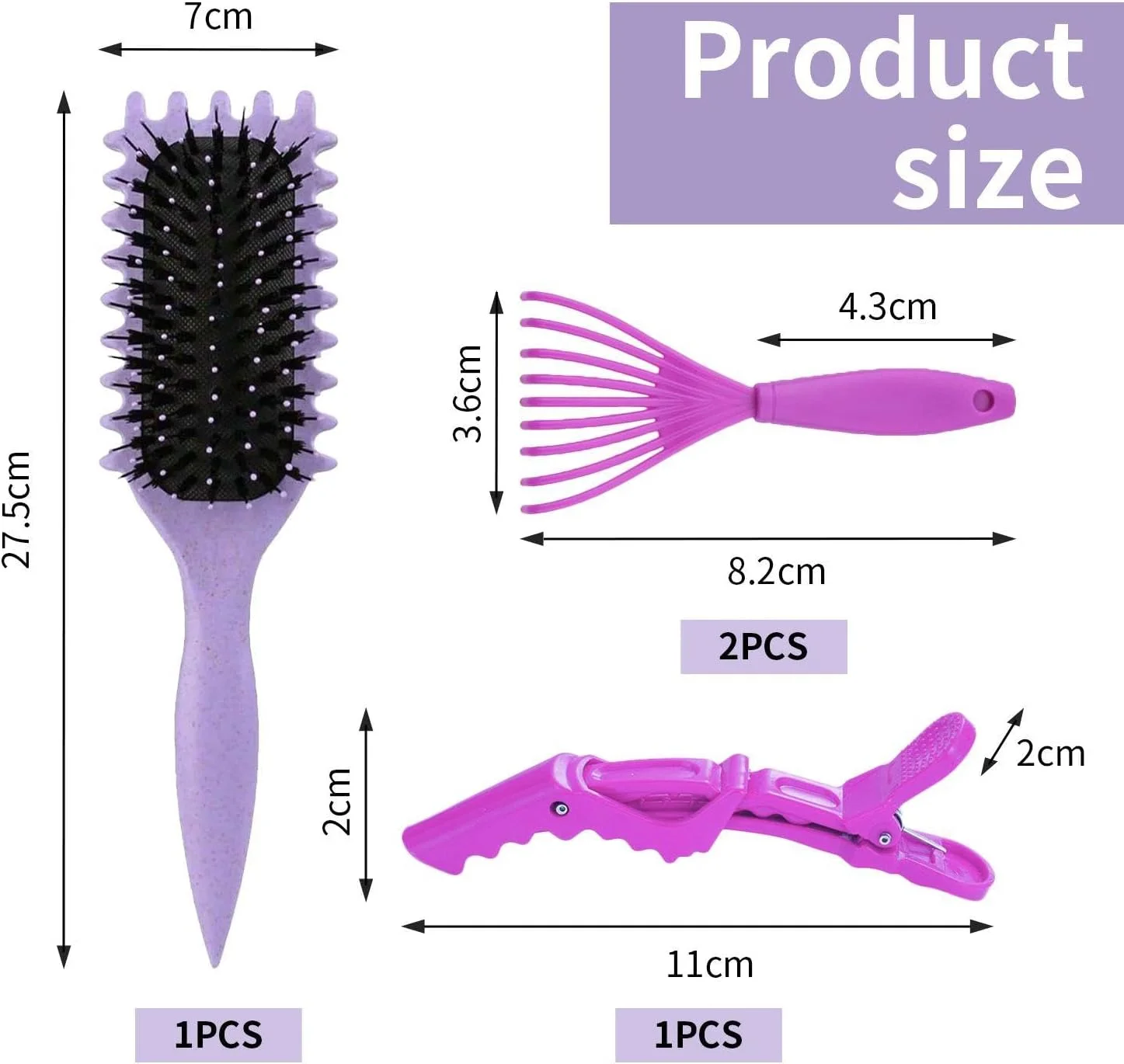 1 برس فر کننده الاستیک، 1 چنگال تمیز کننده شانه، 2 گیره حالت دهنده، برس شانه مو، برس فر کننده حالت دهنده